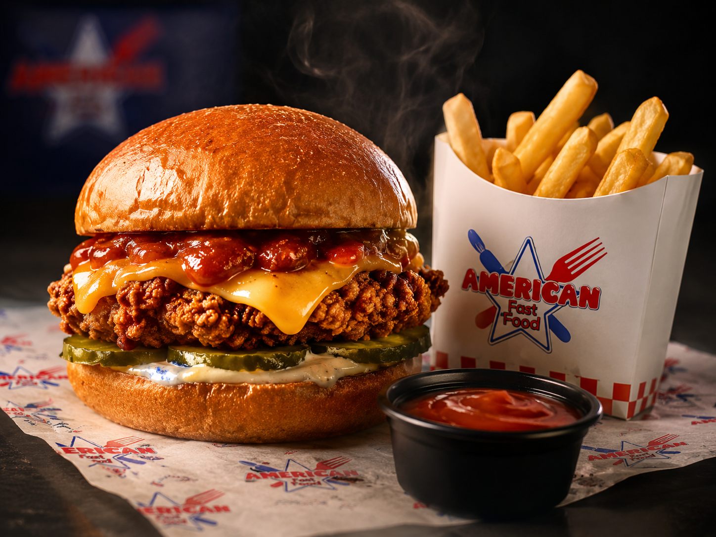 Crispy chicken burger with fries