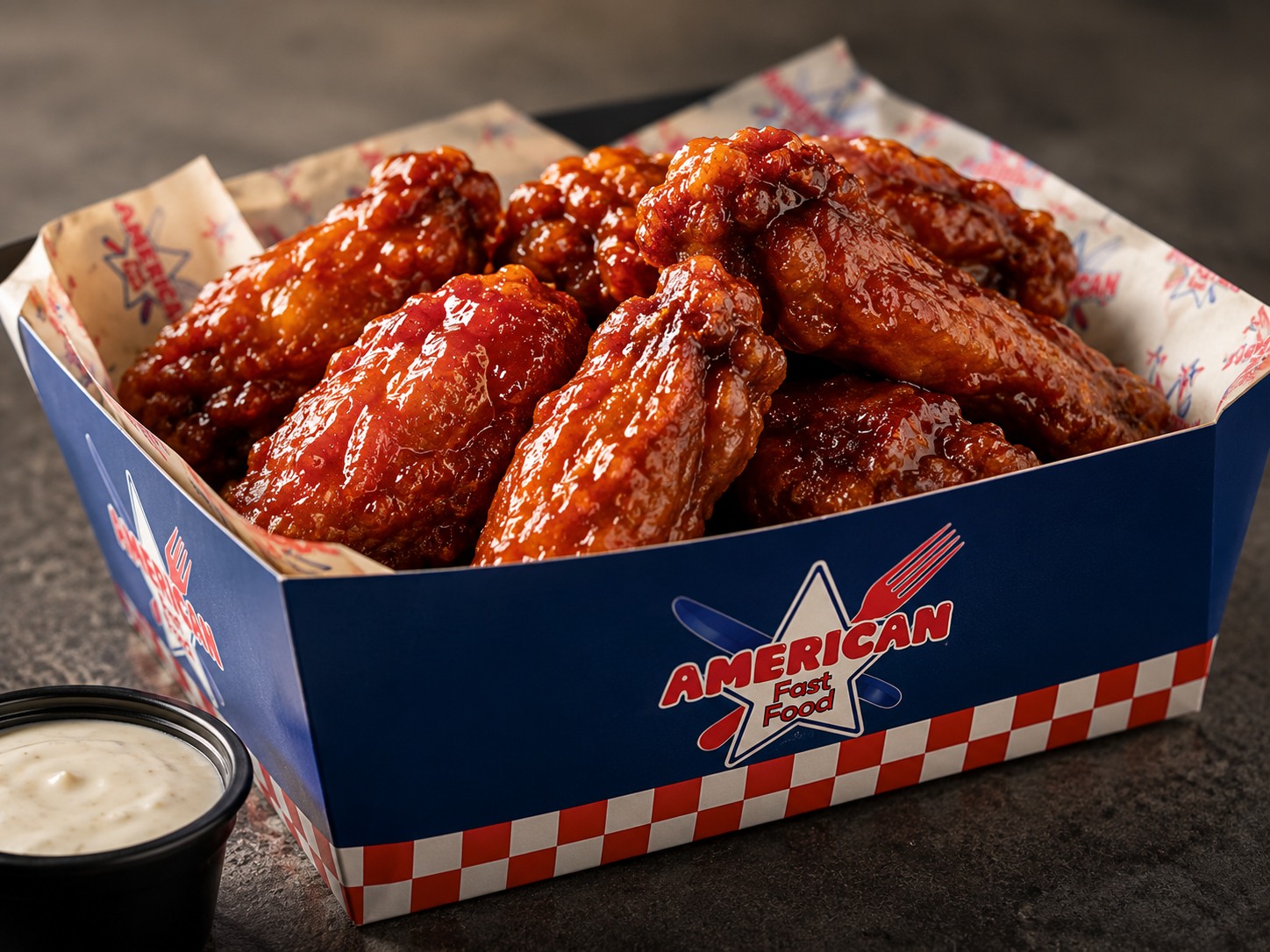 American Fast Food signature glazed wings in a branded box
