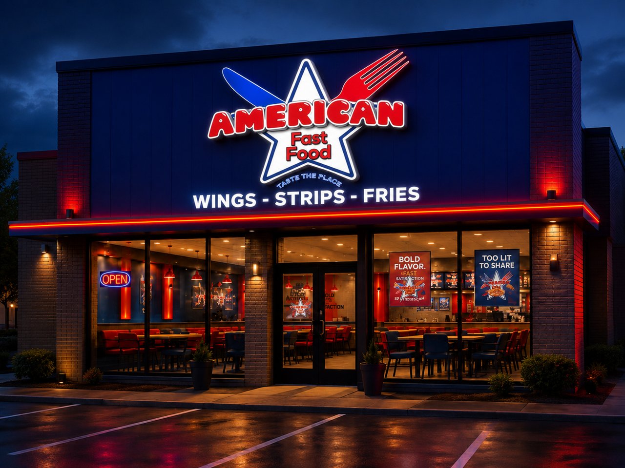 American Fast Food storefront at night