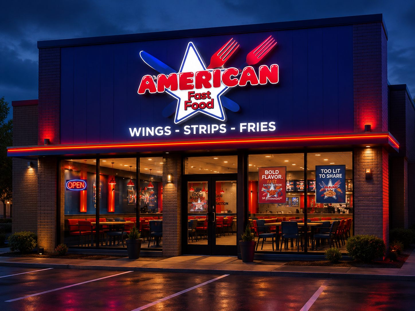 American Fast Food storefront concept at night